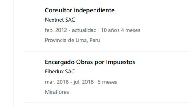 El mismo Carlos Enrique Díaz García consigna en su currículum vitae de LinkedIn el haber estado vinculado laboralmente a Fiberlux y Nexnet SAC. Foto: captura de Linkedin