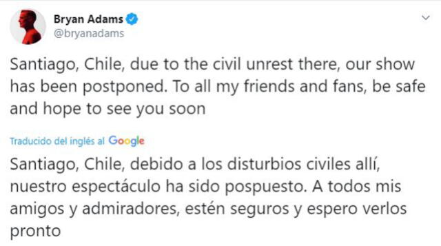 Mensaje de Bryan Adams cancelando concierto en Chile