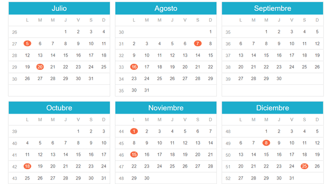 Calendario con los feriados 2021 en Colombia. Foto: captura/calendario hispanohablante