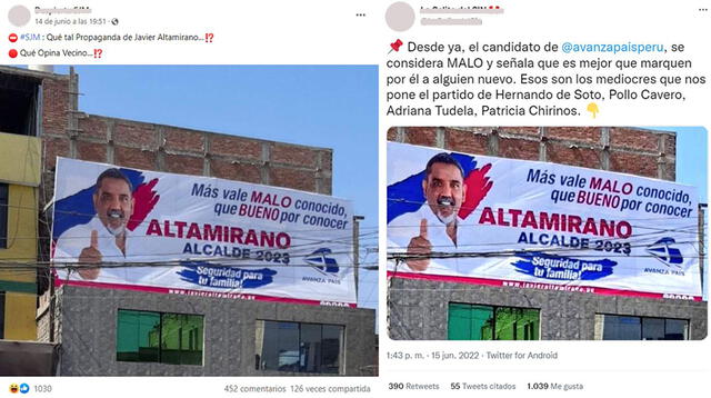 Publicación falsa sobre el cartel de Javier Altamirano y frase “más vale malo conocido, que bueno por conocer”. Foto: captura en Facebook.