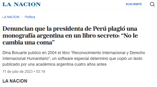  Medio La Nación replicó la noticia por tratarse de un plagio en contra de una académica argentina. Foto: captura La Nación   