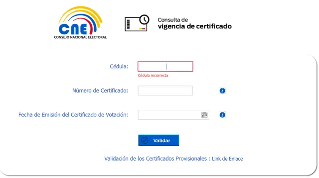 Tanto en el portal como en la aplicación, el ciudadano deberá ingresar su número de cédula y fecha de vencimiento. Foto: portal CNE