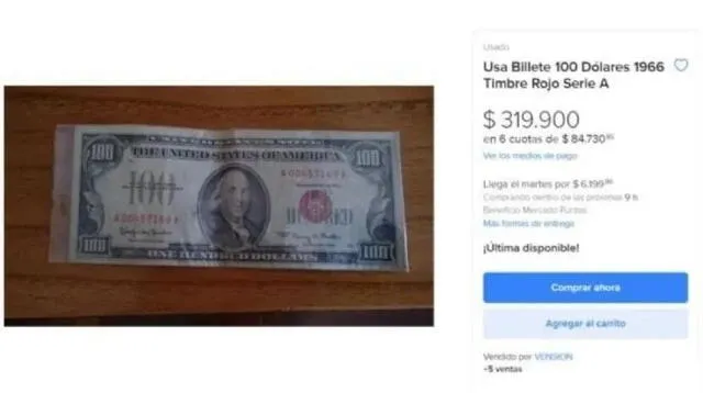  Así es el billete de 100 dólares que vale US$300.000. Foto: Mercado Libre<br>    