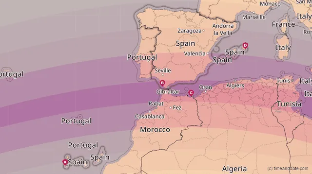 Mapa con franja de visibilidad y recorrido del eclipse solar total en España de 2027. Foto: Time and Date    