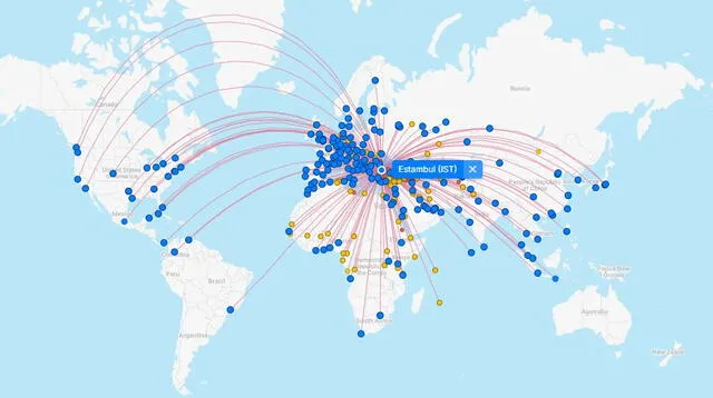 Al menos 6 países de América Latina cuentan con vuelos directos al aeropuerto de Estambul, en Turquía. Foto: captura Flight connections