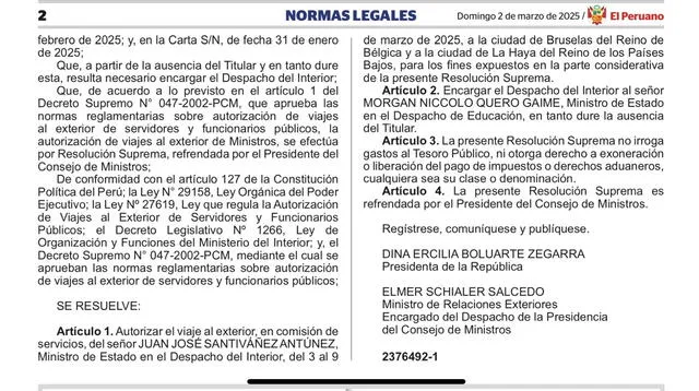Norma que autoriza el viaje de Santiváñez a Europa Norma que autoriza el viaje de Santiváñez a Europa