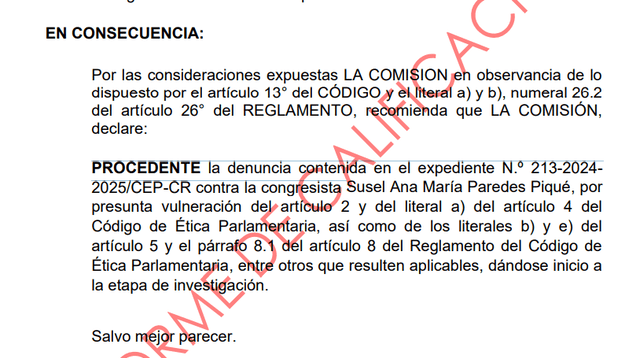 Informe que declara procedente denuncia contra Susel Paredes por permitir uso de baños a mujeres trans. Informe que declara procedente denuncia contra Susel Paredes por permitir uso de baños a mujeres trans.