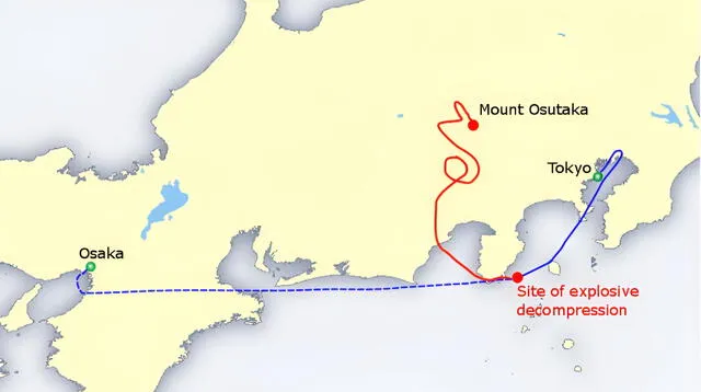 En azul, el trayecto planificado que debía seguir el vuelo 123 de Japan Airlines; en rojo, la ruta real que recorrió la aeronave antes de perder el control y estrellarse contra una montaña. Foto: Wikipedia