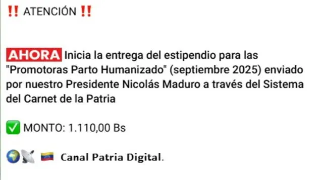 Anuncio del estipendio Promotoras Parto Humanizado de septiembre 2025. Foto: Canal Patria Digital   