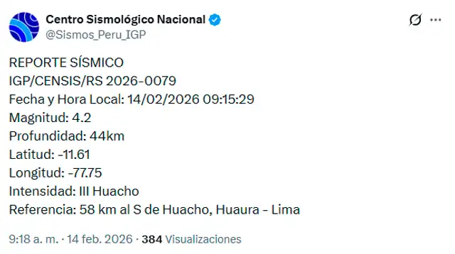 IGP informa sobre nuevo movimiento telúrico en Perú. Foto: IGP   