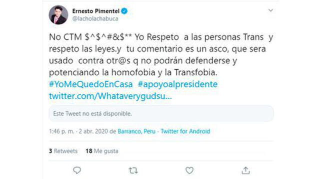 Tweet de Ernesto Pimentel donde insulta a sujeto que lanzó comentario homofóbico contra personas transgénero.