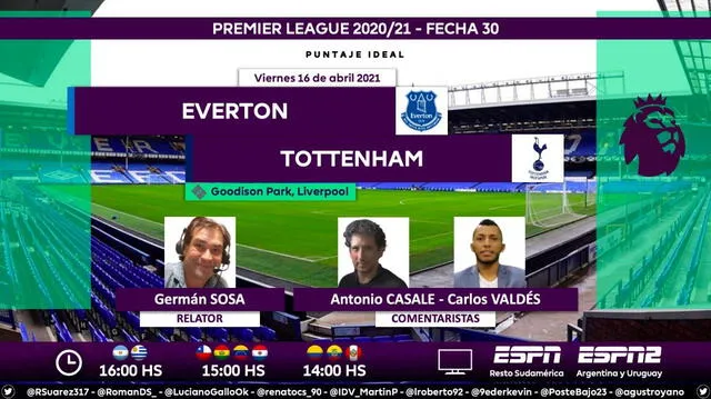 Everton vs Tottenham por ESPN. Foto: Puntaje Ideal/Twitter