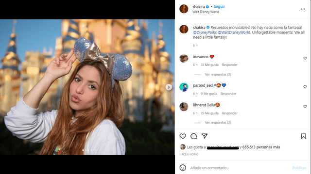 Shakira posa con orejitas de Minnie. Foto: Shakira/Instagram