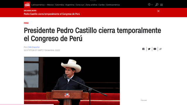 Así informó la prensa internacional sobre la disolución del Congreso en Perú. Foto: captura CNN.