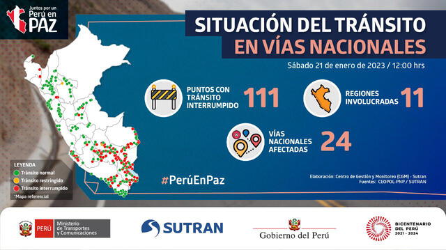 11 regiones del país presentan tránsito interrumpido en diferentes puntos de vías nacionales.