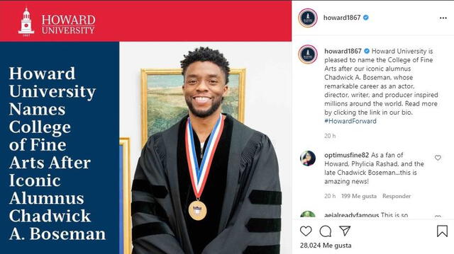 Howard University renombra la Facultad de Bellas Artes en honor al icónico estudiante Chadwick A. Boseman. Foto: Howard University/ Instagram.