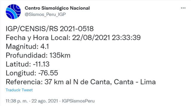 Datos del temblor de hoy. Foto: captura Twitter IGP