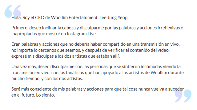 14.7.2020. Disculpa del CEO de Woollim Entertainment por maltrato a Nam Woohyun de INFINITE. Crédito: captura SOOMPI