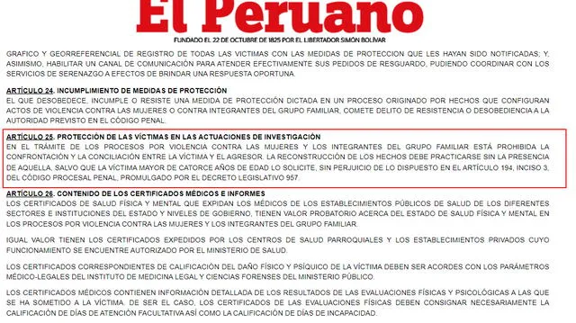 Artículo 25 de la Ley 30364. Foto: captura del Diario Oficial El Peruano