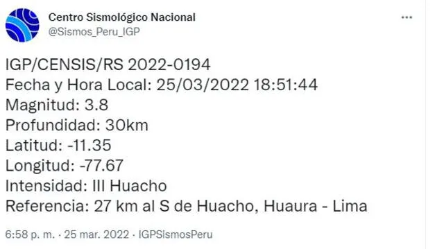 Sismo tuvo una magnitud de 3.8, según el IGP. Foto: Twitter