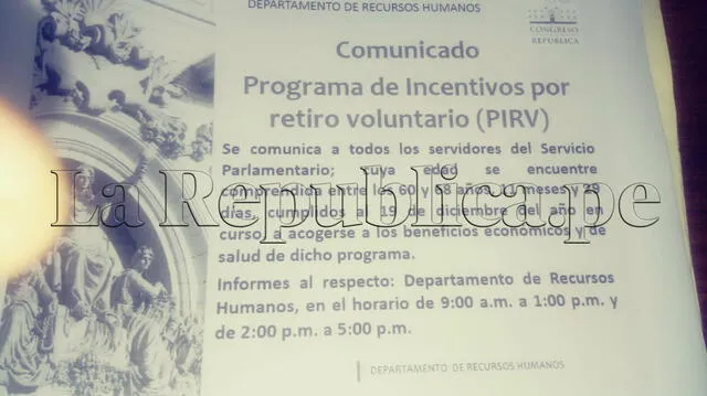 Comunicado del programa de retiros voluntarios del Congreso. Foto: La República.