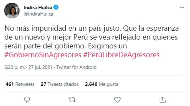 Indira Huilca hizo un llamado a no tolerar más impunidad en el país. Foto: captura de Twitter