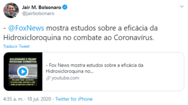 Jair Bolsonaro no ha dejado de utilizar la polémica hidroxicloroquina, a pesar de haberse infectado de coronavirus. Foto: captura