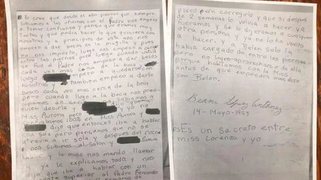 La carta en la que Biani detalla los abusos sufridos a mano del cura Fernando Martínez. Foto: Difusión