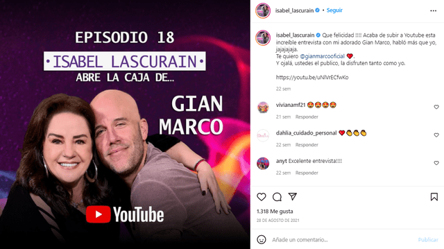 Isabel Lascurain y Gian Marco son buenos amigos desde hace mucho tiempo. Foto: Isabel Lascurain/Instagram