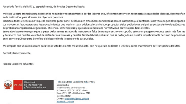 Carta de despedida de la viceministra de Transportes.