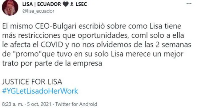 Fans piden más oportunidades para Lisa de BLACKPINK. Foto: Twitter