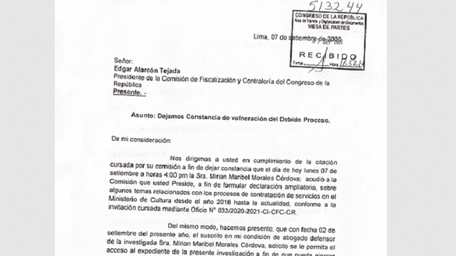 El documento fue enviado al presidente de la comisión. (Foto: Captura del documento de Carlos Roda)