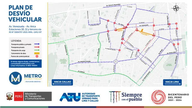 Plan de desvío vehicular por la Línea 2 del Metro de Lima y Callao. Foto: ATU