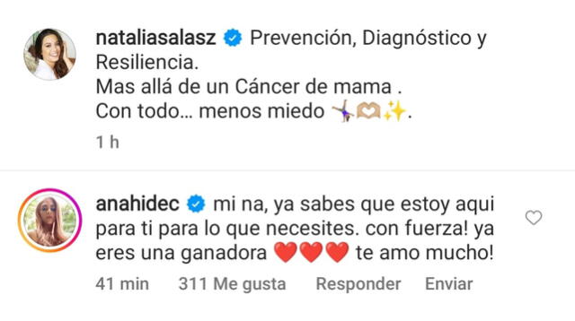 6.9.2022 | Mensaje de Anahí de Cárdenas  tras el anuncio de Natalia Salas. Foto: captura Natalia Salas/Instagram