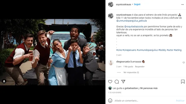 Nico Strauss formó parte del elenco de Un mundo para Julius junto a Mayella Lloclla y Augusto Linares. Foto: captura Instagram