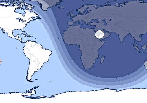 El área más oscura indica los continentes que estuvieron en el lado nocturno de la Tierra este martes 6 de diciembre a las 19.56 UTC. Foto: Time and Date