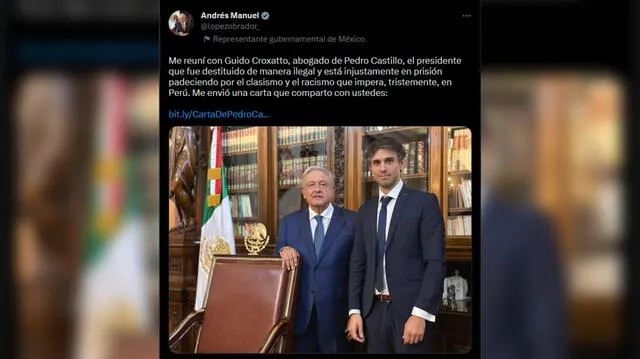  Guido Croxatto, agobado de Pedro Castillo, se reune con AMLO. Foto: Twitter/AMLO    