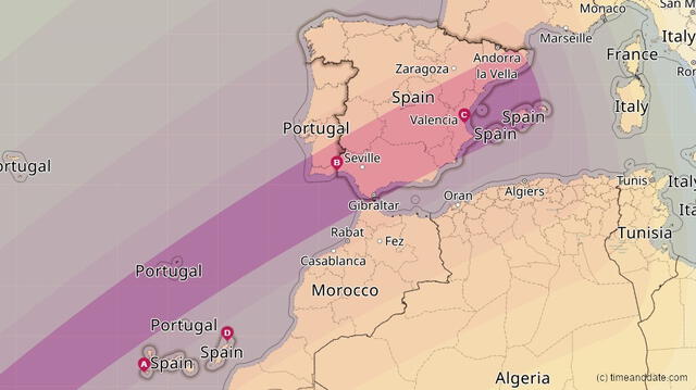 Mapa con franja de visibilidad y recorrido del eclipse solar anular en España de 2028. Foto: Time and Date  