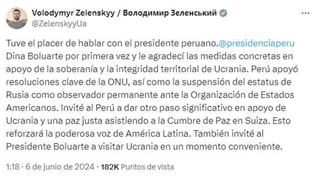  “He invitado a Perú a dar otro paso significativo en apoyo a Ucrania", indicó Zelenski mediante su cuenta de X. Foto: X/@ZelenskyyUa   