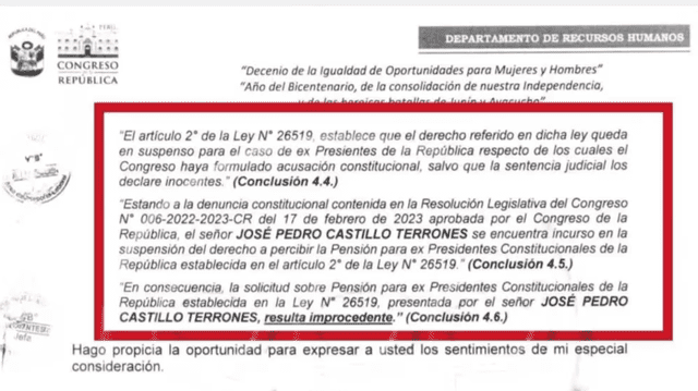  Resolución del Congreso no otorgó pensión vitalicia a Pedro Castillo. Foto: difusión    