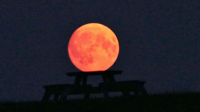 La luna llena fue fotografiada de forma que parece sentada en una mesa de picnic en Derbyshire. Foto: Observadores del tiempo de la BBC / JaneyB<br>    