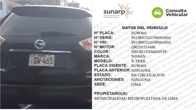 Vehículo utilizado por el alcalde de Lima, Rafael López Aliga, está registrado a nombre de la Municipalidad Metropolitana de Lima.   