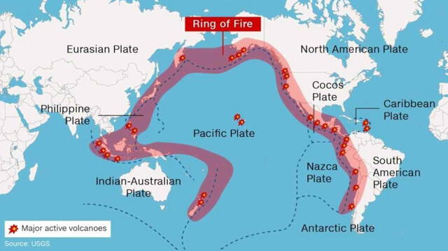 El 'Cinturón de Fuego del Pacífico' es una vasta franja que rodea el Océano Pacífico, conocida por su intensa actividad sísmica y volcánica. Foto: USGS.   