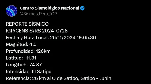 Temblor de este 26 de noviembre se registró en Satipo, Junín. Foto: IGP/X   