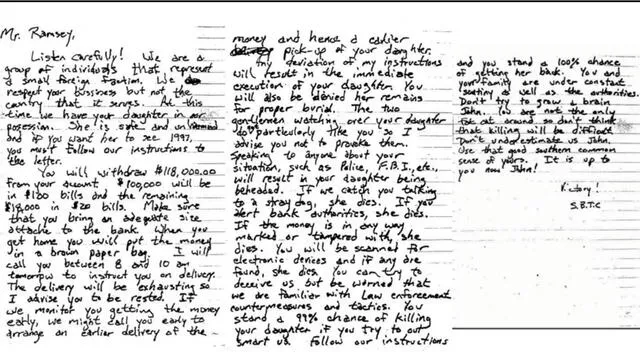 La carta que exigía US$118.000 a la familia. | Boulder Police Department La carta que exigía US$118.000 a la familia. | Boulder Police Department