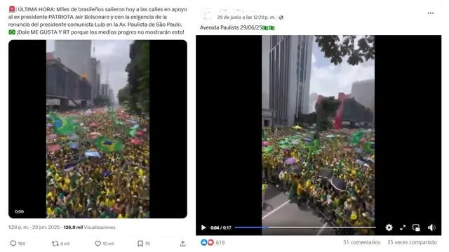 <em>Desinformación sobre la reciente marcha realizada por partidarios de Bolsonaro. Foto: captura de X / Facebook</em>   