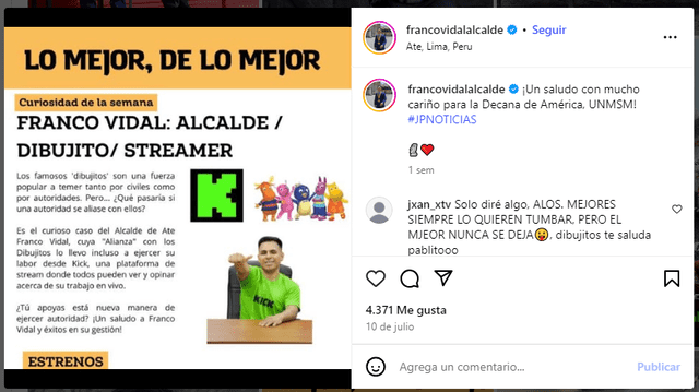<em> Publicación de Franco Vidal donde se afirma el acercamiento del alcalde de Ate con la comunidad de 'dibujitos'. Foto: captura de pantalla</em>   
