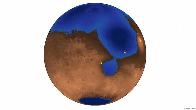  Marte hace 3.600 millones de años, cuando un océano cubría casi la mitad del planeta. Foto: Robert Citron   