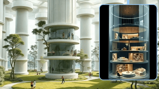  El diseño sugiere que la gente podría vivir en columnas altas con muchos pisos que podrían usarse para diferentes cosas. Foto: Chrysalis   