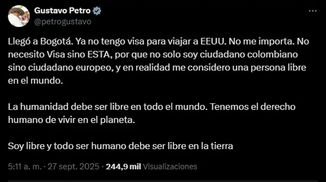  Petro minimiza la decisión del Gobierno de Trump de quitarle la visa para EE.UU. Foto: @petrogustavo<br>    